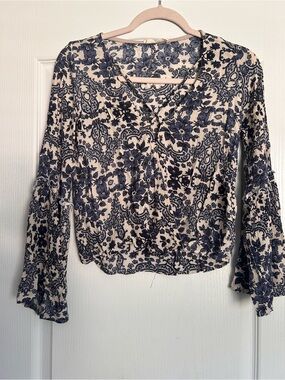 American Threads Navy Floral V-Neck Blouse